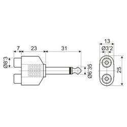 ADAPTADOR JACK 6 3mm MONO A 2 RCA HEMBRA