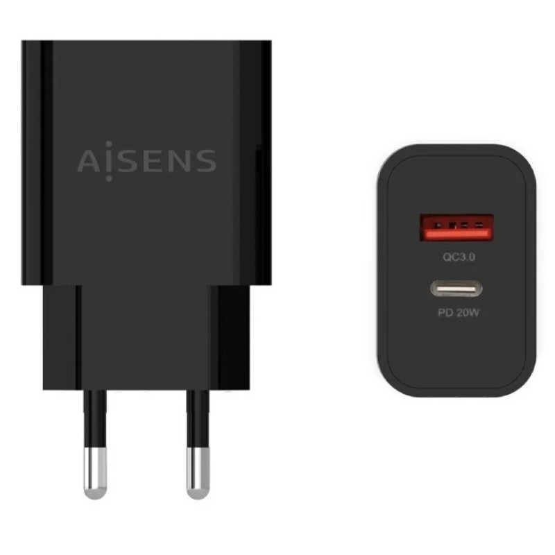 CARGADOR USB 20W 1 USB-C  1 USB-A QC 3 0 NEGRO