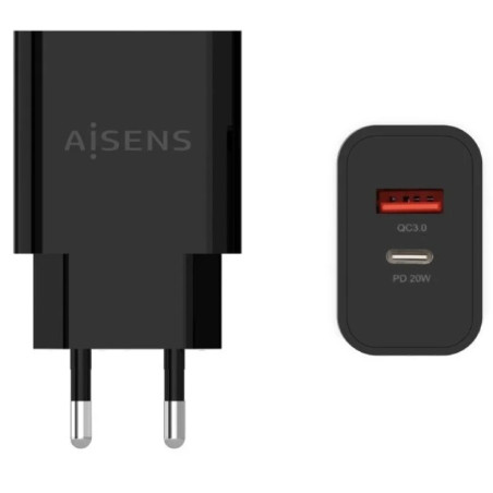 CARGADOR USB 20W 1 USB-C  1 USB-A QC 3 0 NEGRO