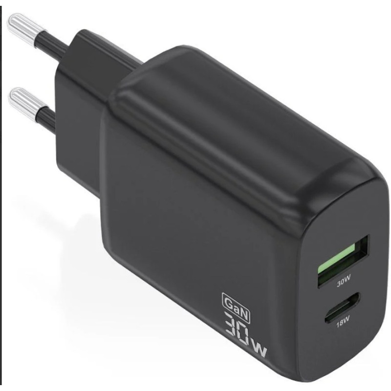 CARGADOR USB 30W 1 USB-C  1 USB-A NEGRO