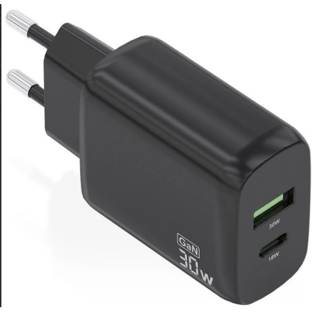 CARGADOR USB 30W 1 USB-C  1 USB-A NEGRO