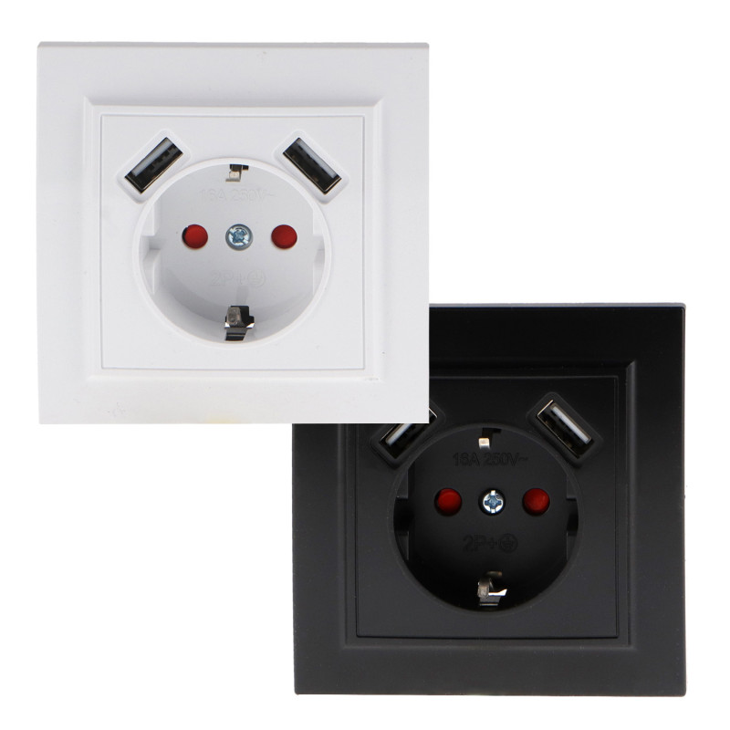 Enchufe Empotrable Tipo F Schuko Con Doble USB - EP  Negro