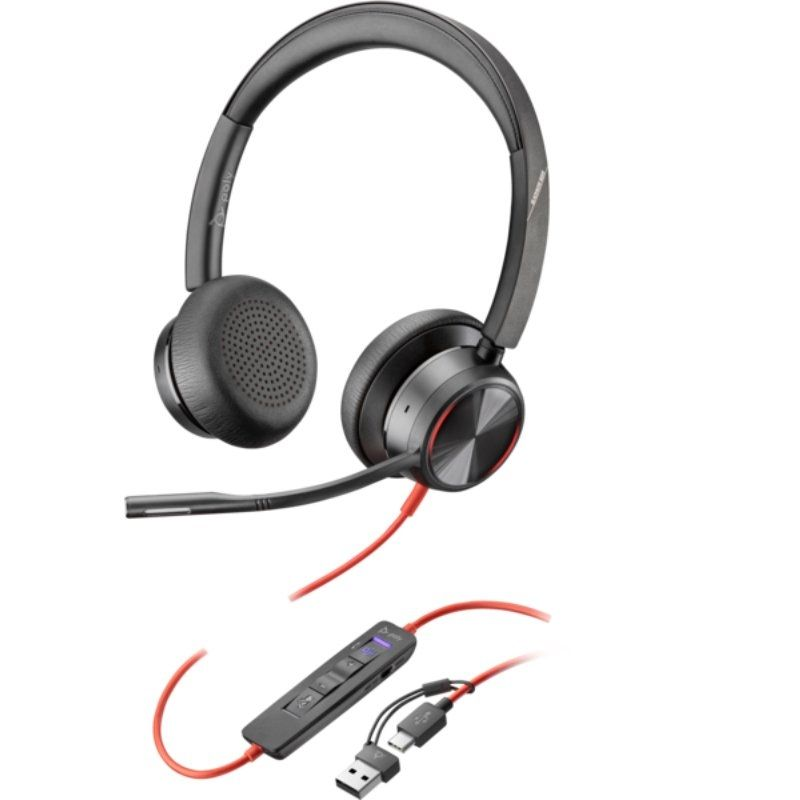 Auriculares poly blackwire 8225 para microsoft teams + adaptador usb-c/a/ con micrófono/ usb tipo-c/ negros