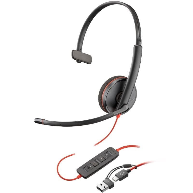 Auricular poly blackwire 3210 + adaptador usb-c/a/ con micrófono/ usb tipo-c/ negro