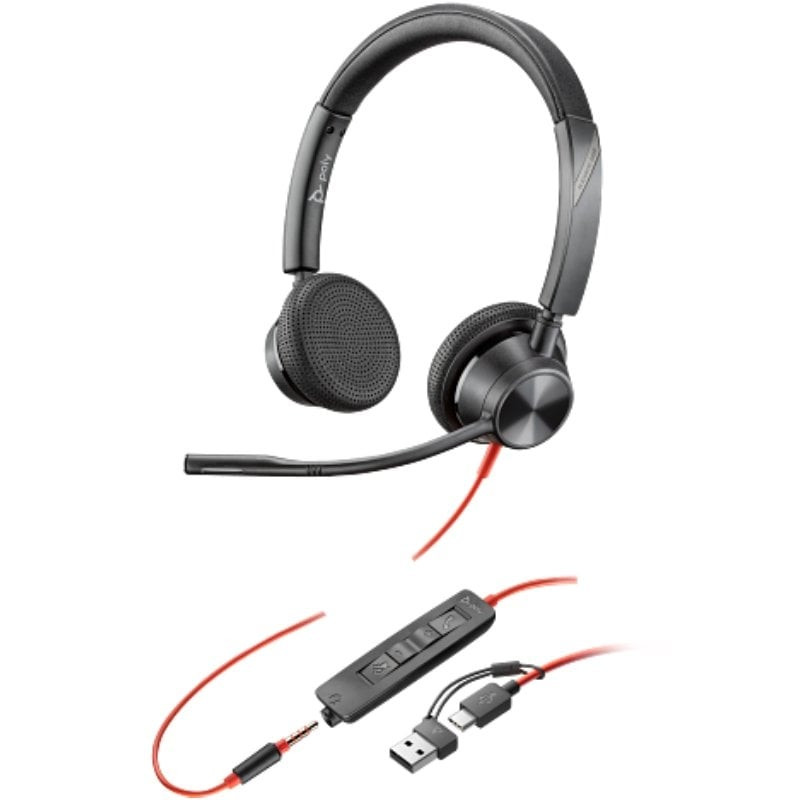 Auriculares poly blackwire 3325 + adaptador usb-c/a/ con micrófono/ jack 3.5mm/ negro